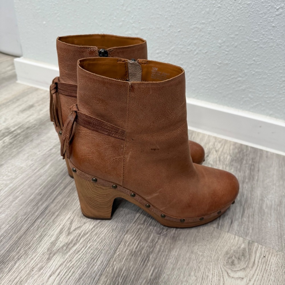 Kork-Ease Brown Leather Clog Ankle Boots Studded Platform Block Heel Womens 10M